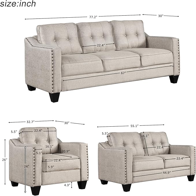 3 Piece Sofa Set Tufted Including 3-Seater Couch and Loveseat and Single Chair Linen Fabric Comfy Cushion Armchair, Furniture for Living, Apartment, Guest Room, 77.2inch, Beige-8 - LeafyLoom