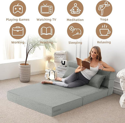 Convertible Folding Sofa Bed-Sleeper Chair with Pillow, Modern Linen Fabric Floor & Futon Couch, Foldable Mattress for Living Room/Dorm/Guest Use/Home Office/Apartment, Queen Size, Light Gray - LeafyLoom