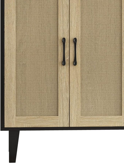 Panana Buffet Storage Cabinet with Rattan Decorating 4 Doors Living Room Kitchen Sideboard 48.43 x 34.65 x 15 inch (Black) - LeafyLoom