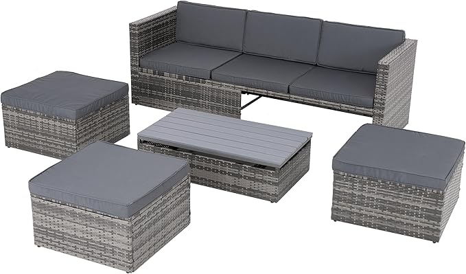 Modular Rattan Outdoor Sectional Furniture, Wicker Conversation Patio Sets with Plywood Coffee Table and Lounger Sofa for Backyard, Dc-Dark Gray - LeafyLoom