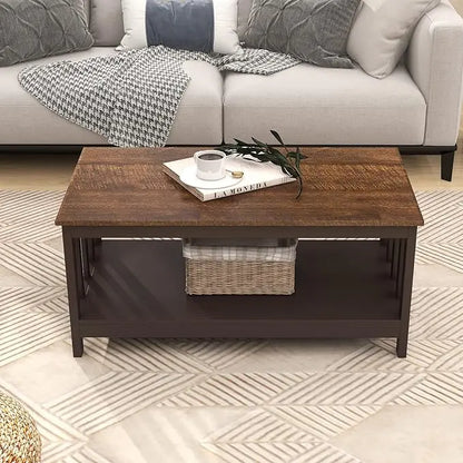 ChooChoo Farmhouse Coffee Table, Espresso Living Room Table with Shelf, 40 Inch - LeafyLoom