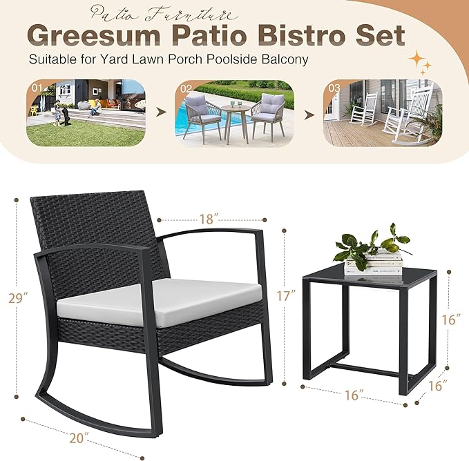 Greesum 3 Pieces Outdoor Furniture Set Patio Bistro Rocking Chairs with Glass Coffee Table for Pool Beach Backyard Balcony Porch Deck Garden, White - LeafyLoom