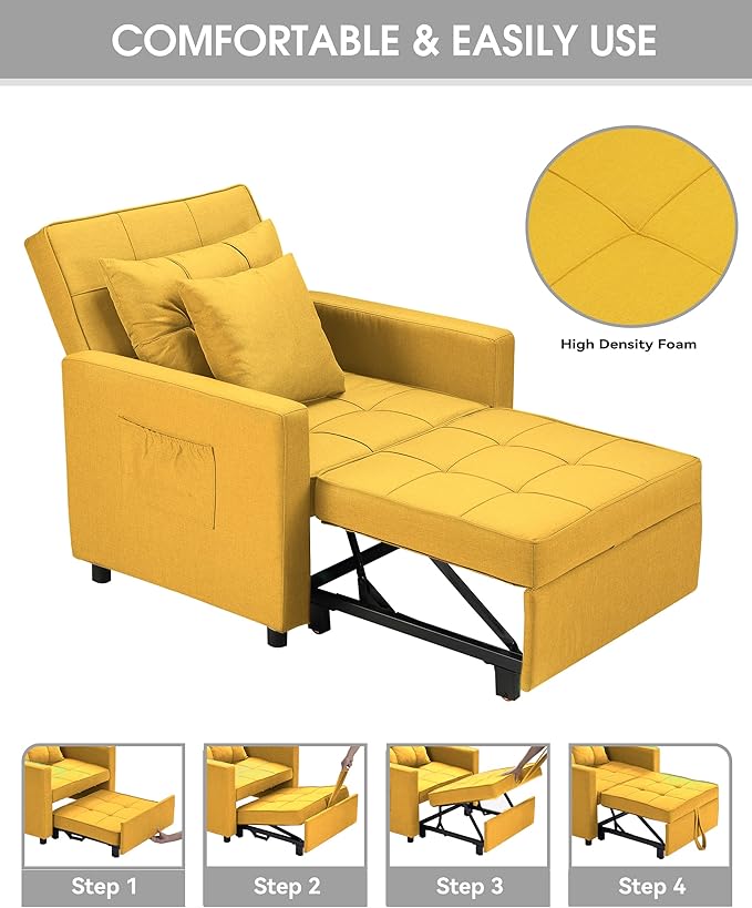 XSPRACER [UPDATED] Convertible Chair Bed, Sleeper Chair Bed 3 in 1, Stepless Adjustable Backrest,Armchair, Sofa, Bed, Linen, Yellow, Single One - LeafyLoom