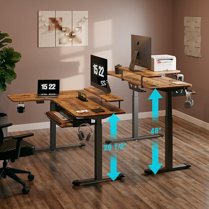 EUREKA ERGONOMIC Standing Desk with Keyboard Tray, Computer Desk, 61" L Shaped Electric Adjustable Height Desk w Monitor Stand LED, Corner Sit Stand Desk Gaming Desk, Dual Motor,Left/Rustic Brown - LeafyLoom