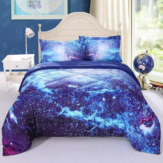 Wowelife Galaxy Bedding Twin Outer Space Comforter Set 5 Pieces Blue Cosmic Galaxy Bed Set Kids Bed in A Bag Twin for Teen Boys and Girls with Comforter, Flat Sheet, Fitted Sheet and 2 Pillowcases - LeafyLoom