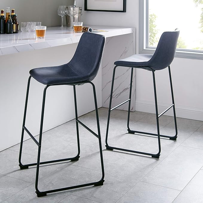 Walker Edison Douglas Urban Industrial Faux Leather Armless Dining Chair Set of 2 and Bar Chair Set of 2, Navy Blue - LeafyLoom