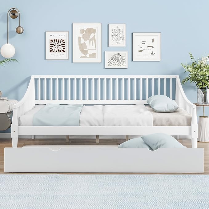 Full Size Daybed with Hideaway Trundle and Support Legs,Multi-functional Wood Bed Frame,W/Rails Three Sides,Easy to Assemble,for Bedroom,Living Room,Apartment,White - LeafyLoom