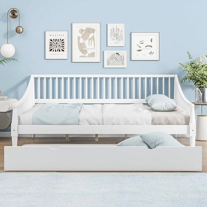 Full Size Daybed with Hideaway Trundle and Support Legs,Multi-Functional Wood Bed Frame,W/Rails Three Sides,Easy to Assemble,for Bedroom,Living Room,Apartment,White - LeafyLoom