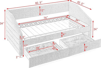 Linen Upholstered Twin Size Daybed with Two Storage Trundle Drawers, Solid Wooden Bed Frame w/Tufted Decorate, No Box Spring Needed, Space-Saving Design - LeafyLoom