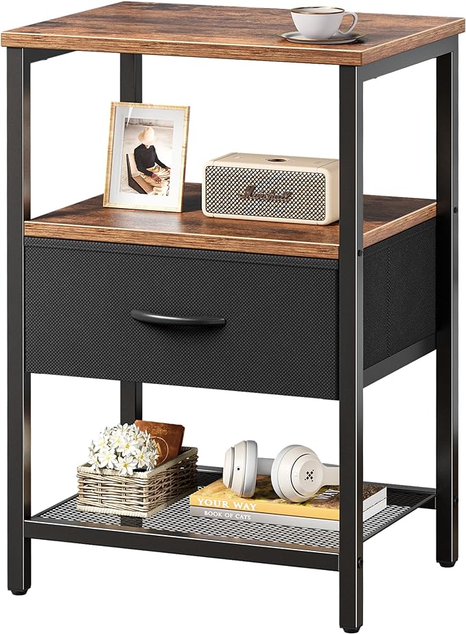 Night Stand with Fabric Drawer, Side Table with Mesh Shelf, Bedroom Nightstand, Fabric Drawer Dresser, Open Shelf, Metal Frame, Couch Side, Rustic Brown and Black - LeafyLoom