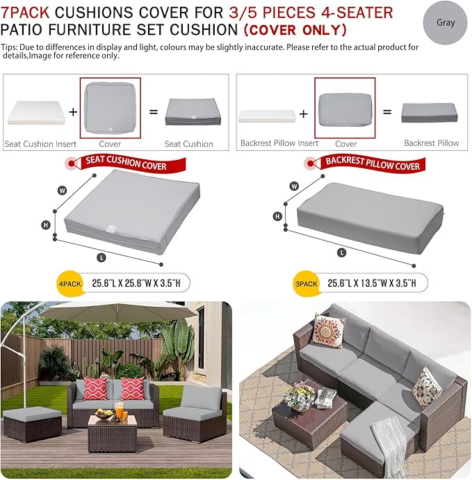 ClawsCover 7Pack Outdoor Seat and Back Cushions Replacement Covers Fit for 3/5 Pieces 4-Seater Wicker Rattan Patio Furniture Conversation Set Sectional Couch,Gray-Large(Include Cover Only) - LeafyLoom