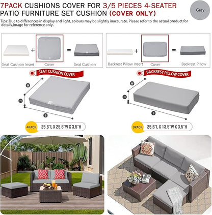 ClawsCover 7Pack Outdoor Seat and Back Cushions Replacement Covers Fit for 3/5 Pieces 4-Seater Wicker Rattan Patio Furniture Conversation Set Sectional Couch,Gray-Large(Include Cover Only) - LeafyLoom