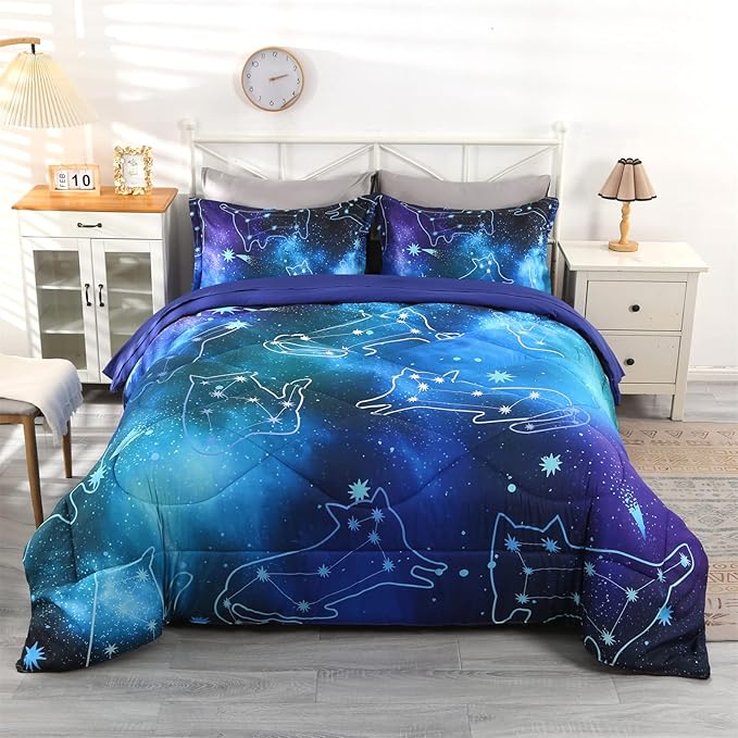 Wowelife 5 Piece Galaxy Space Cat Bedding Comforter Set Queen Constellation Bedding Set Blue Kids Bedding Set Bed in a Bag for Boys and Girls with Comforter, Flat Sheet, Fitted Sheet and 2 Pillowcases - LeafyLoom