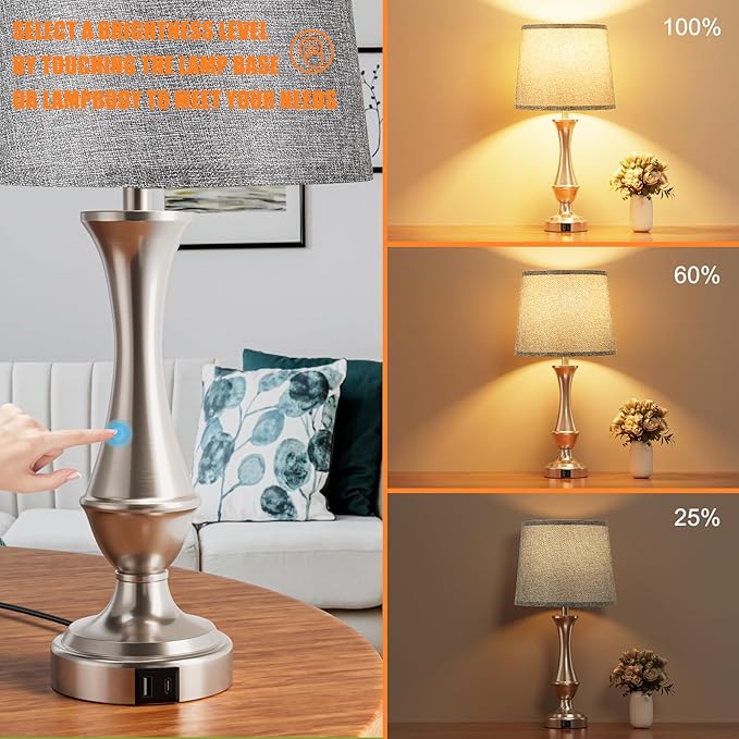 Touch Lamps for Bedrooms Set of 2 - Nightstand Table Lamp with USB C+A, 3 Way Dimmable Bedside Lamps for Living Room End Tables Set of 2, Farmhouse Night Stand Lamps(Grey&Nickel) - LeafyLoom