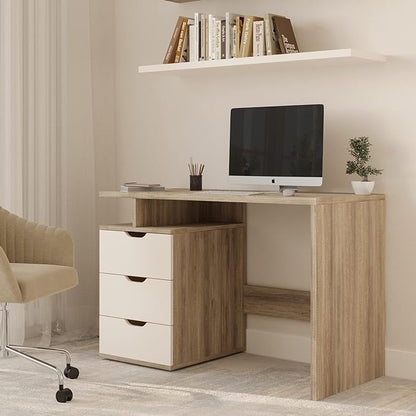 Lavish Home Contemporary Desk with Attached 3-Drawer File Cabinet for Home Office, Bedroom, Computer, or Craft Table, 43-Inch Long, White and Natural - LeafyLoom