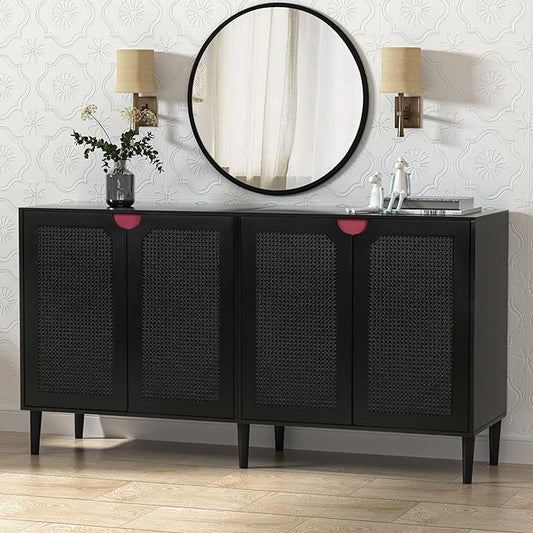 Anmytek Rattan Sideboard Buffet Cabinet with 4 Doors, Large Kitchen Storage Cabinet Black Sideboard with Adjustable Shelf Credenzas for Kitchen Living Room Hallway H0108 - LeafyLoom