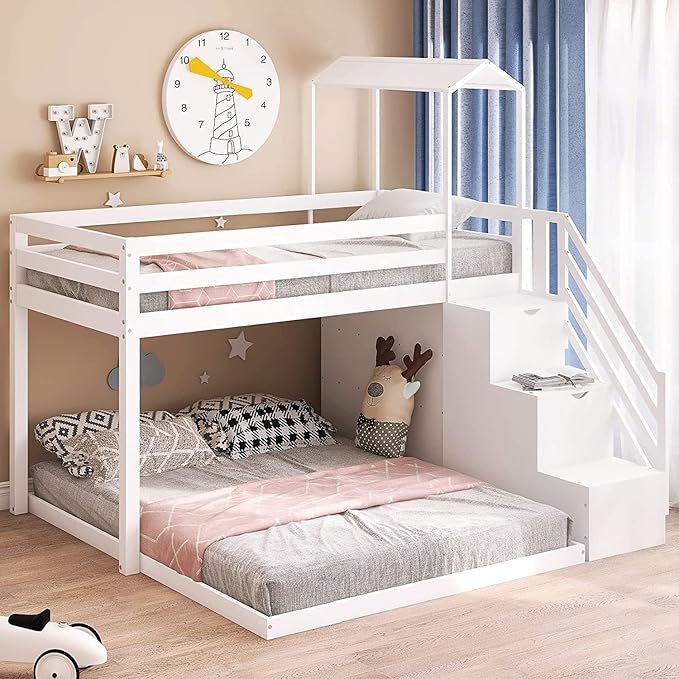 Stairway Twin over Full House Bunk Bed with Storage Shelves & Roof Design,Wooden Bunkbeds wtih Safety Guardrails for Kids/Teen/Adults Bedroom,Space Saving, White - LeafyLoom