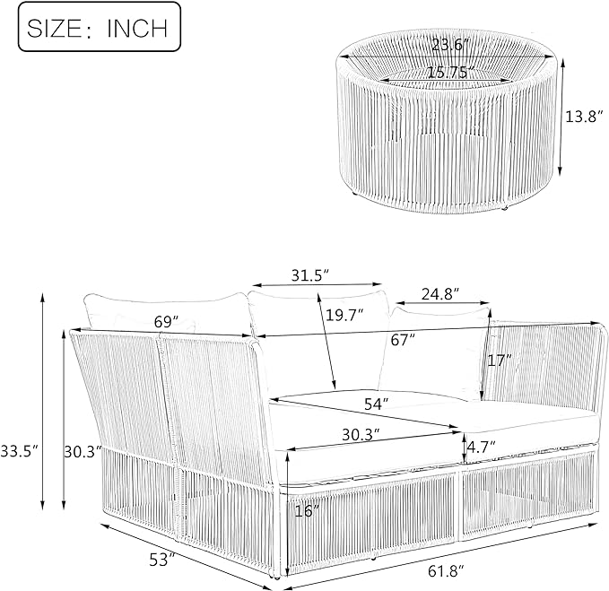 2-Piece Sunbed and Coffee Table, Patio Double Chaise Lounger Loveseat Daybed Outdoor Furniture Set for Backyard Poolside Lawn Balcony, Full, Ac-Grey - LeafyLoom