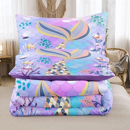 NINENINE Teal Purple Mermaid Comforter Set,Mermaid Tail Bedding Set,Twin Size Bedding Sets for Girls,Colorful Glitter Comforter Sets for Kids with 1 Comforter 1 Pillowcase… - LeafyLoom