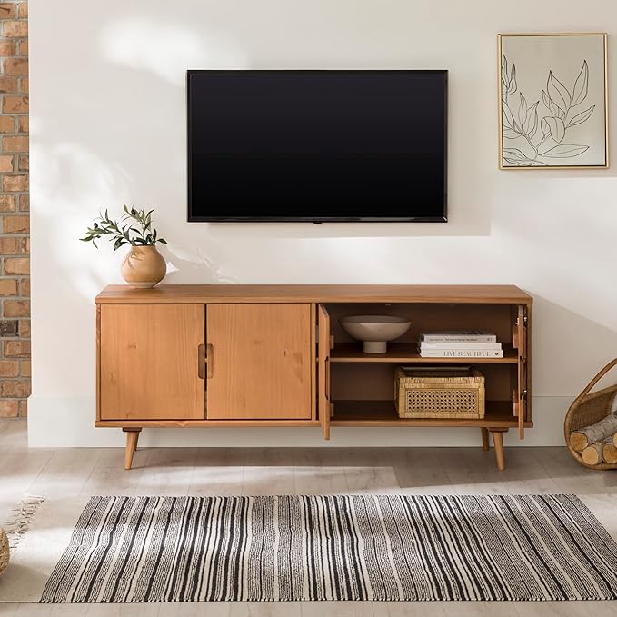 Walker Edison Genia Mid-Century Modern Solid Wood Stand for TVs up to 65 Inches, Caramel - LeafyLoom