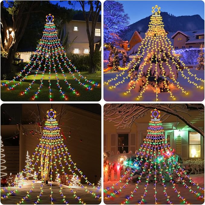 PUHONG Christmas Decorations, 320 LED Outdoor String Lights, Snowflakes Hanging Christmas Tree Topper Lights with 11 Modes for Holiday, Wedding, Party, Yard Decor (Warm White&Multicolored) PUHONG