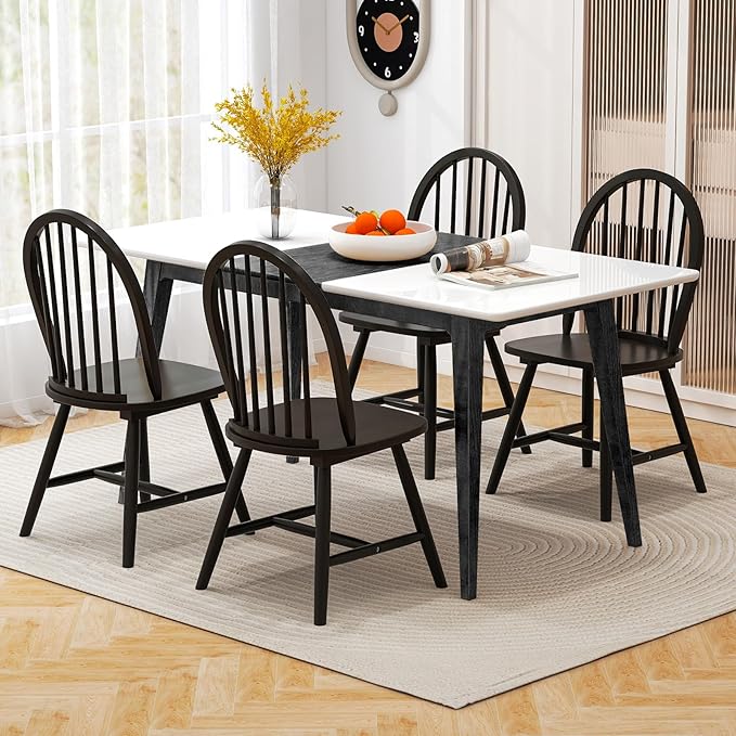 HAPPYGRILL 2 Pieces Wooden Dining Chairs Set, Vintage Armless Windsor Chairs, Kitchen Dining Chairs with Backrest, Black - LeafyLoom