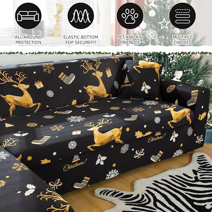 Mybedsoul Christmas Printed Black Sofa Cover Reindeer Printed Elastic Couch Cover Machine Washable Christmas Theme Red Sofa Slipcover for Living Room(2 Seater/Loveseat) Mybedsoul