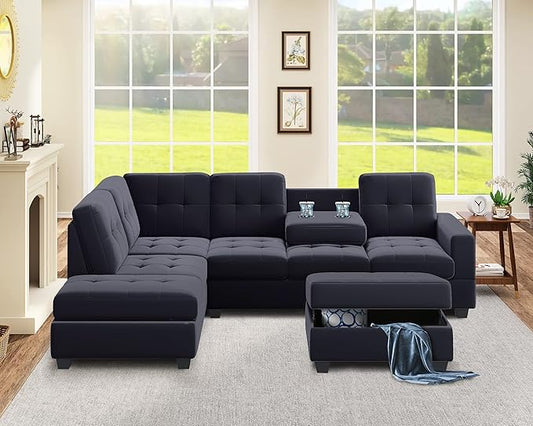 Modular Sectional Sofa for Living Room Furniture Sets, Reversible Chaise, Upholstered L-Shaped Sofa&Couch with Storage Ottoman & Cup Holders, 6 Seat Corner Couch, Black CupHolders - LeafyLoom