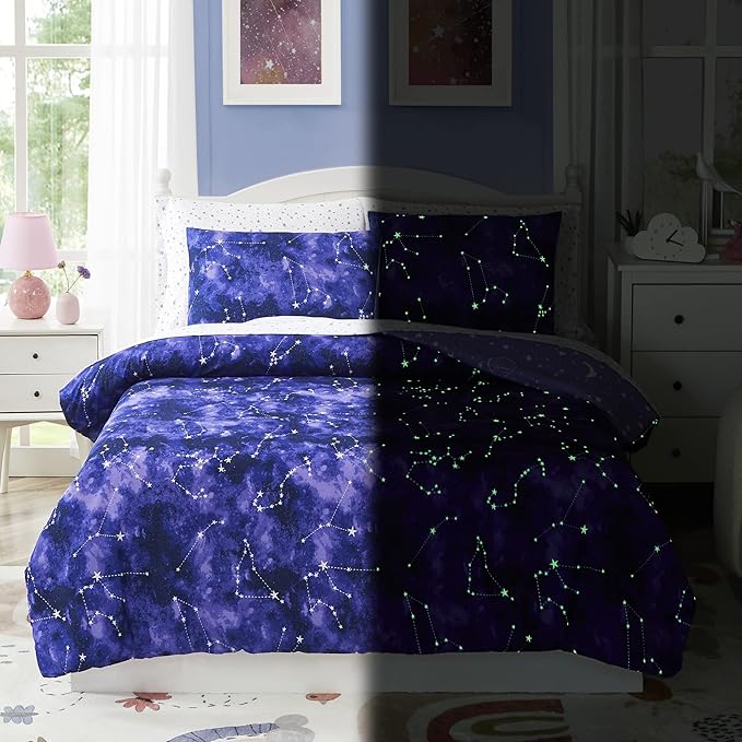 Comforter Set with Bedding - 5 Pieces Twin Bed in a Bag with Comforter, Sheets, Pillowcase & Sham - Glow in The Dark Galaxy - LeafyLoom