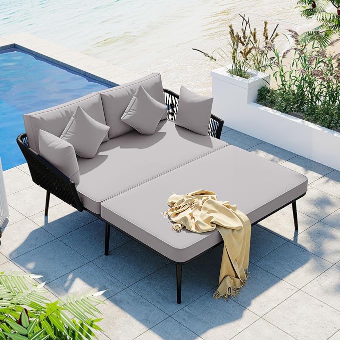 Patio Daybed Set for 2, Outdoor Furniture All-Weather Sofa Sunbed with Adjustable Iron Feet, Woven Nylon Rope Backrest, Washable Cushions and Pillows, for Balcony, Poolside, Gray - LeafyLoom