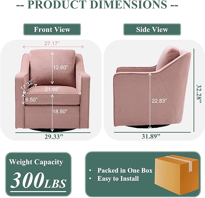 COLAMY 360° Swivel Accent Chair, Upholstered Fabric Leisure Armchair with Lumbar Pillow for Living Room Bedroom Home Office, Pink - LeafyLoom