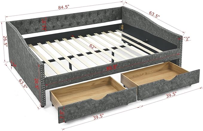 Queen Size Daybed with Two Storage Drawers, Linen Upholstered Tufted Sofa Bed w/Button on Back and Copper Nail on Waved Shape Arms, for Bedroom Living Room, No Box Spring Needed, Dark Grey - LeafyLoom