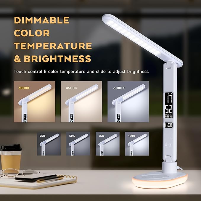 Led Desk Lamp with Charger: Office Table Lamps with USB Wireless Charging for Home Reading - Desk Lights with Clock for College - LeafyLoom