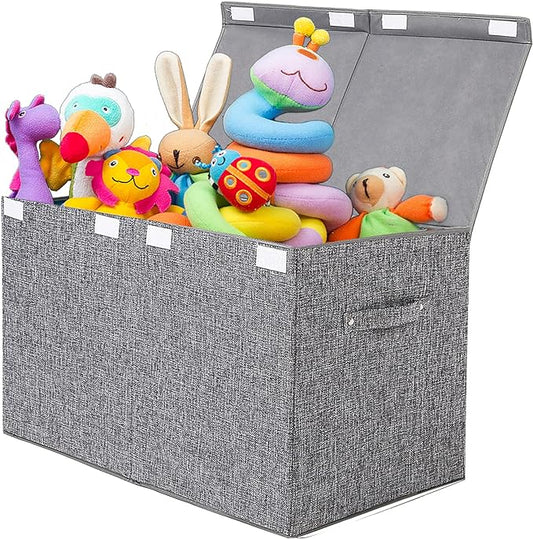 popoly Large Toy Box Chest with Lid, Collapsible Sturdy Toy Storage Organizer Boxes Bins Baskets for Kids, Boys, Girls, Nursery, Playroom, 25"x13" x16" (Linen Gray) - LeafyLoom