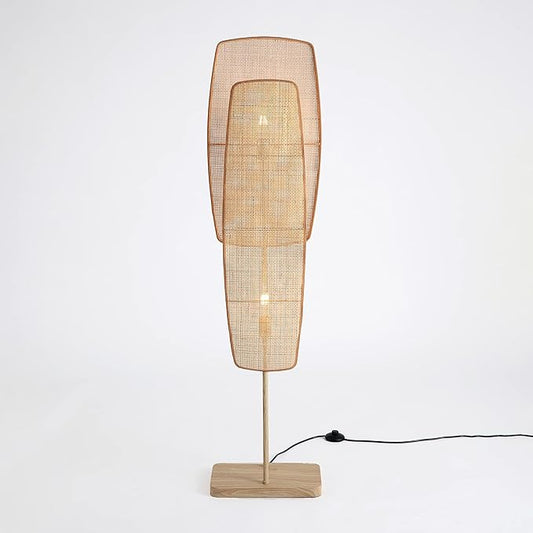 Amud - Floor Lamp, 2-Light with Bamboo Wicker Panels Wood Finish, Beige - LeafyLoom