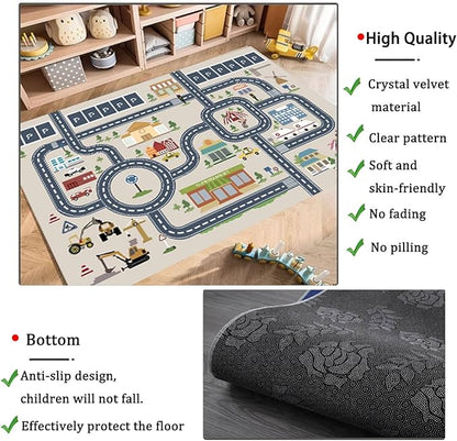 kid rug carpet playmat for toy cars and trains,road traffic kids play area rug,city Life town play Mat for Playroom Bedroom Boys,Children's Educational Fun Throw Rug with Rubber Backing 59X94IN - LeafyLoom