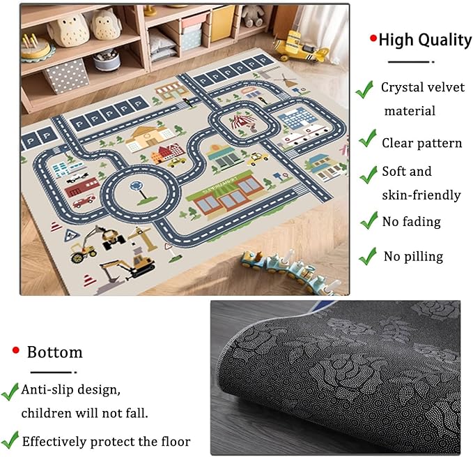 kid rug carpet playmat for toy cars and trains,road traffic kids play area rug,city Life town play Mat for Playroom Bedroom Boys,Children's Educational Fun Throw Rug with Rubber Backing 31X63IN - LeafyLoom