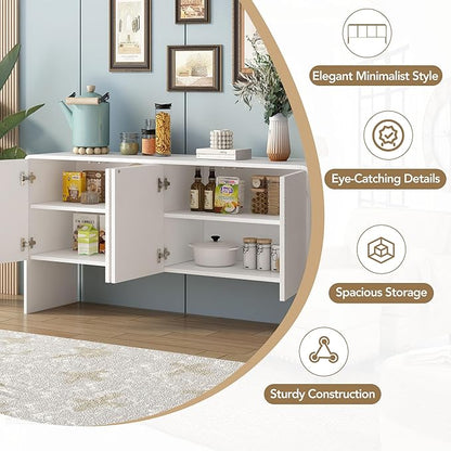 60" L Large Storage Space Sideboard with 4 Doors,Elegant Minimalist Style Buffet Cabinet,W/Adjustable Shelves and Rebound Device,Console Table for Living Room Entryway Kitchen,White - LeafyLoom