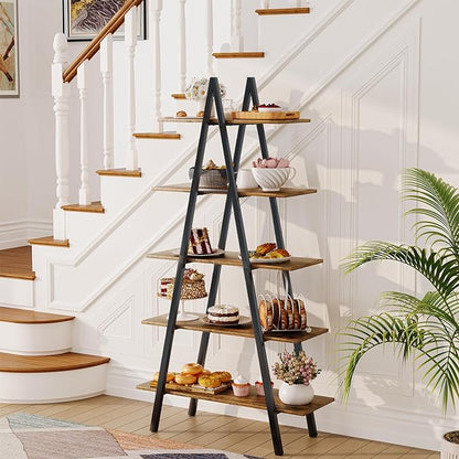 5-Tier Ladder Bookshelf, Industrial A-Shaped Bookcase, Christmas Village Display Stand, Tall Ladder Shelf Storage Organizer for Living Room, Home Office, Black - LeafyLoom