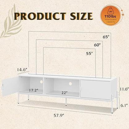 WLIVE Modern TV Stand for 65 Inch TV, Mid Century Entainment Center with Storage, TV Console with Open Shelf and 2 Cabinets for Bedroom and Living Room, TV Cabinet with Metal Legs, White - LeafyLoom