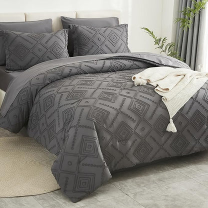 EMME Twin Comforter Set - 5 Pcs Dark Grey Boho Bedding Sets, Twin Size Tufted Comforter with Sheets, Shabby Chic Embroidery Bed Set Fluffy Bed Bag for All Season(68"X90") - LeafyLoom