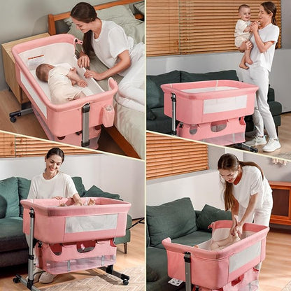 Baby Crib,3 in 1 Bedside Crib Adjustable Portable Bed for Infant,Baby Bassinet Baby Newborn Must Have Bed,Pink - LeafyLoom