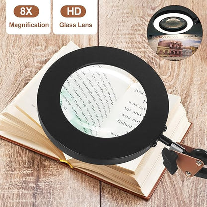 Magnifying Glass with Light, 5 Color Modes Stepless Dimmable 2-in-1 Desktop Lamp and Clamp, LED Lighted Magnifier with Light and Stand, Hands Free for Craft Repair Hobby Painting Close Work - LeafyLoom