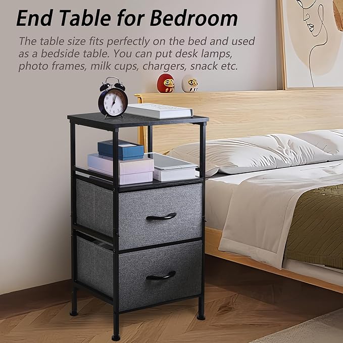 Nightstand with Fabric Drawers, Side Table with Open Wood Shelf for Bedroom, Small Dresser with Storage Drawers, End Table for Living Room, mesa de Noche para dormitorio, Gray - LeafyLoom