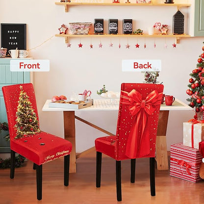 4PCS Christmas Dining Chair Covers Stretch Removable Washable Dining Room Chair Protector Slipcover 3D Print Xmas Tree Bow Tie Kitchen Chair Cover Slipcovers for Xmas Holiday Party Home Décor CZL