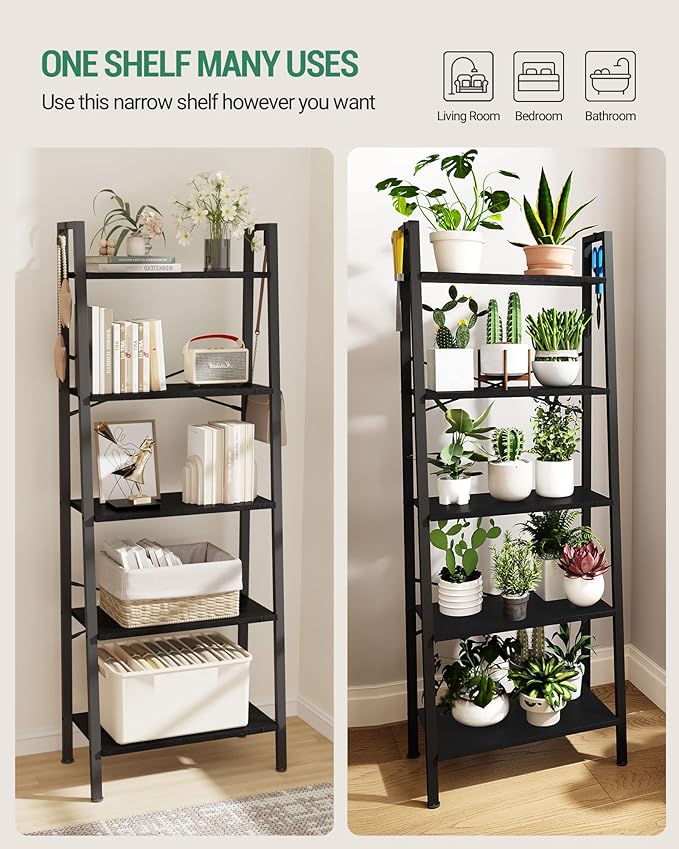 Ladder Shelf, Bookshelf Bookcase, Freestanding Corner Storage Shelve with 2 Hooks for Home Office, Living Room, Kitchen, Bedroom, Industrial, 5-Tier Black BC19304B - LeafyLoom