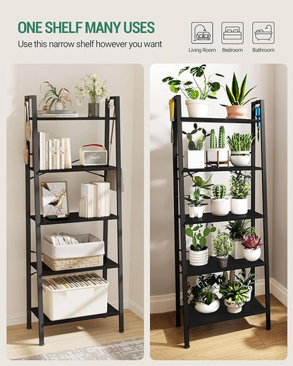 Ladder Shelf, Bookshelf Bookcase, Freestanding Corner Storage Shelve with 2 Hooks for Home Office, Living Room, Kitchen, Bedroom, Industrial, 5-Tier Black BC19304B - LeafyLoom