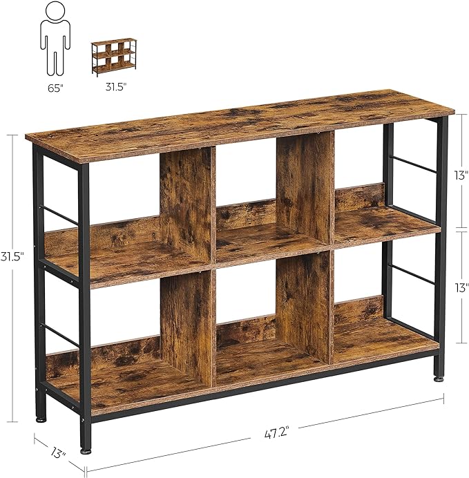 VASAGLE Bookshelf, Cube Shelf, Console Table, TV Stand with 6 Storage Cubes, for Office, Living Room, Bedroom, 13 x 47.2 x 31.5 Inches Industrial Design, Rustic Brown and Black ULLS104B01 - LeafyLoom