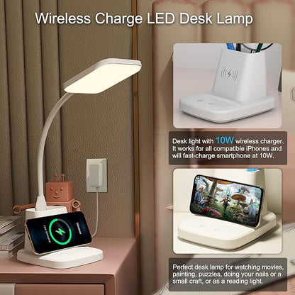 LED Desk Lamp with Wireless Charger, Sailstar White Desk Light with Pen Holder, 3 Color Modes with Stepless Dimming, CRI 85, 800 Lumen, Study Lamps for College Dorm Room, Home Office, Adapter Included - LeafyLoom