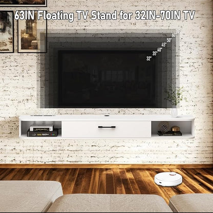 Floating TV Unit, 63'' Wall Mounted TV Cabinet, Floating Shelves with Door, Modern Entertainment Media Console Center Large Storage TV Bench for Living Room & Office (62.99IN, White) - LeafyLoom